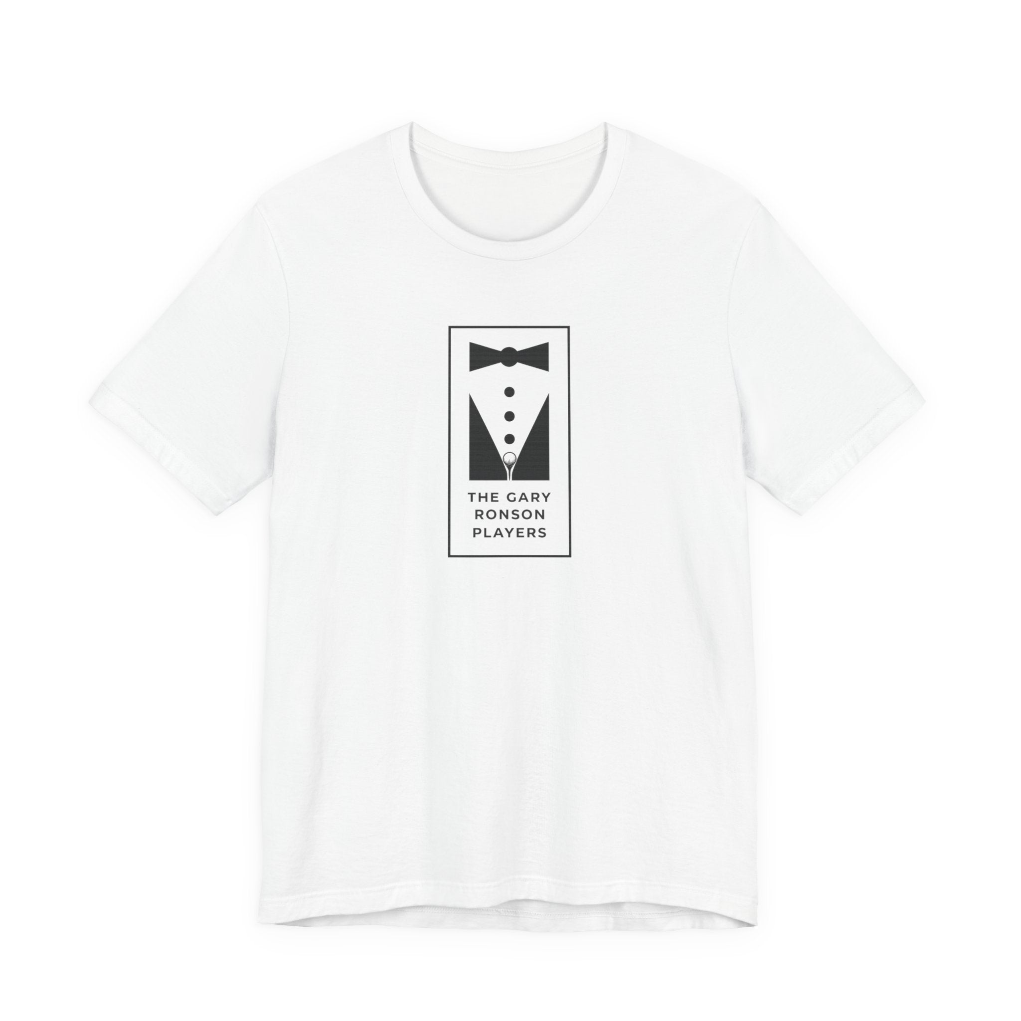 White t-shirt with a black-and-white tuxedo graphic and 'The Gary Ronson Players' text in a rectangle, on a white background