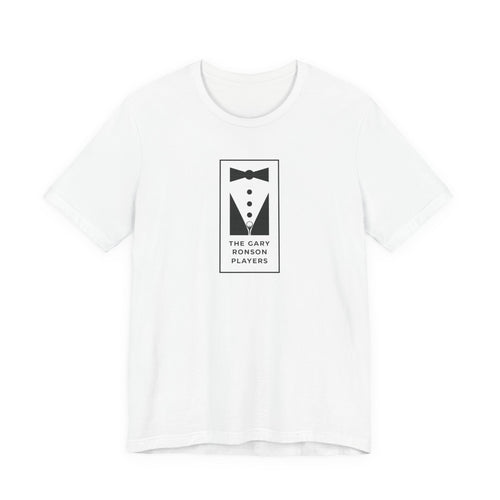White t-shirt with a black-and-white tuxedo graphic and 'The Gary Ronson Players' text in a rectangle, on a white background
