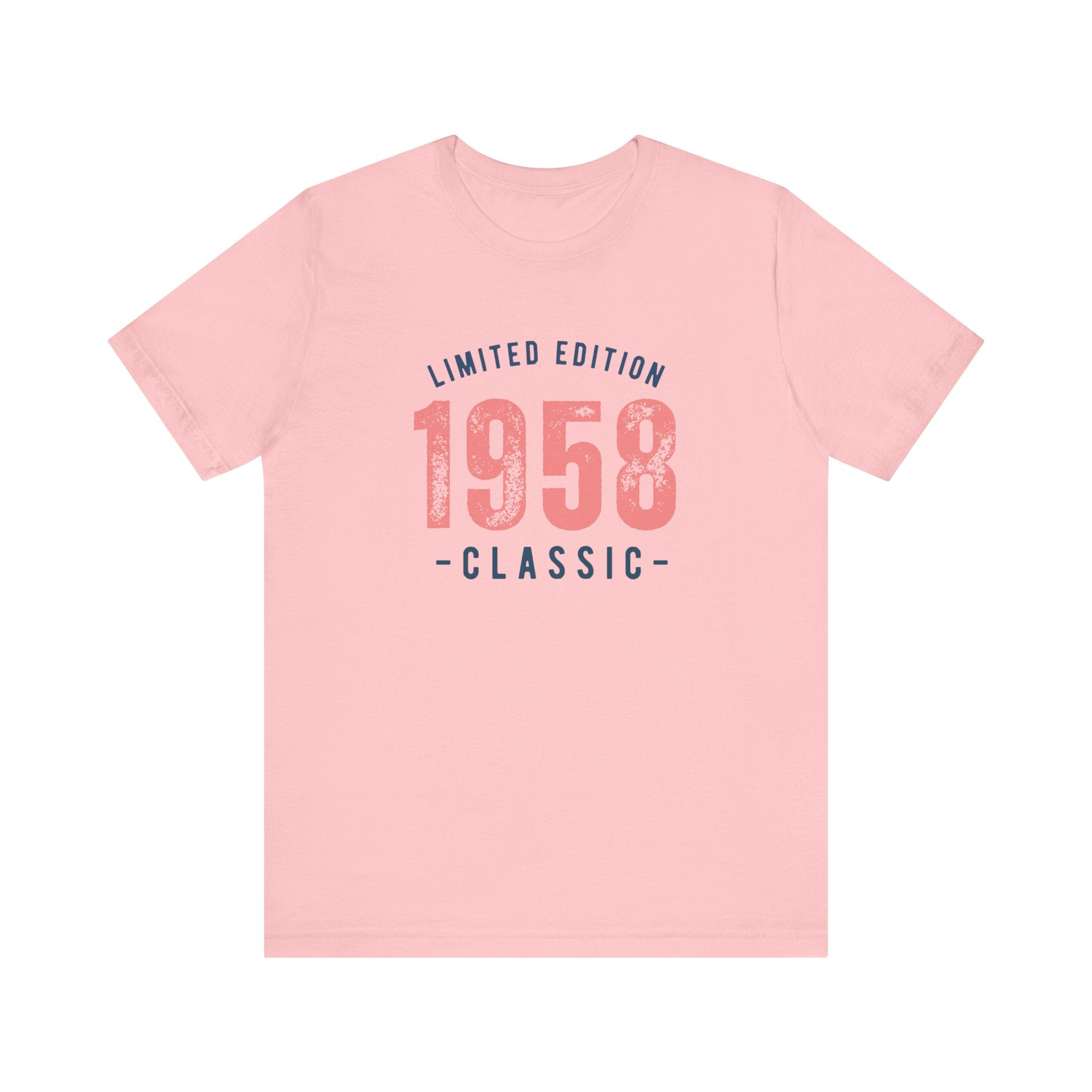 Pink t-shirt with a 'Limited Edition 1958 Classic' graphic in navy and coral, on a white background