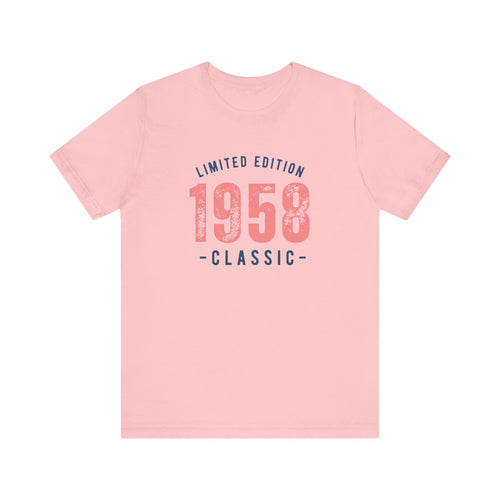 Pink t-shirt with a 'Limited Edition 1958 Classic' graphic in navy and coral, on a white background
