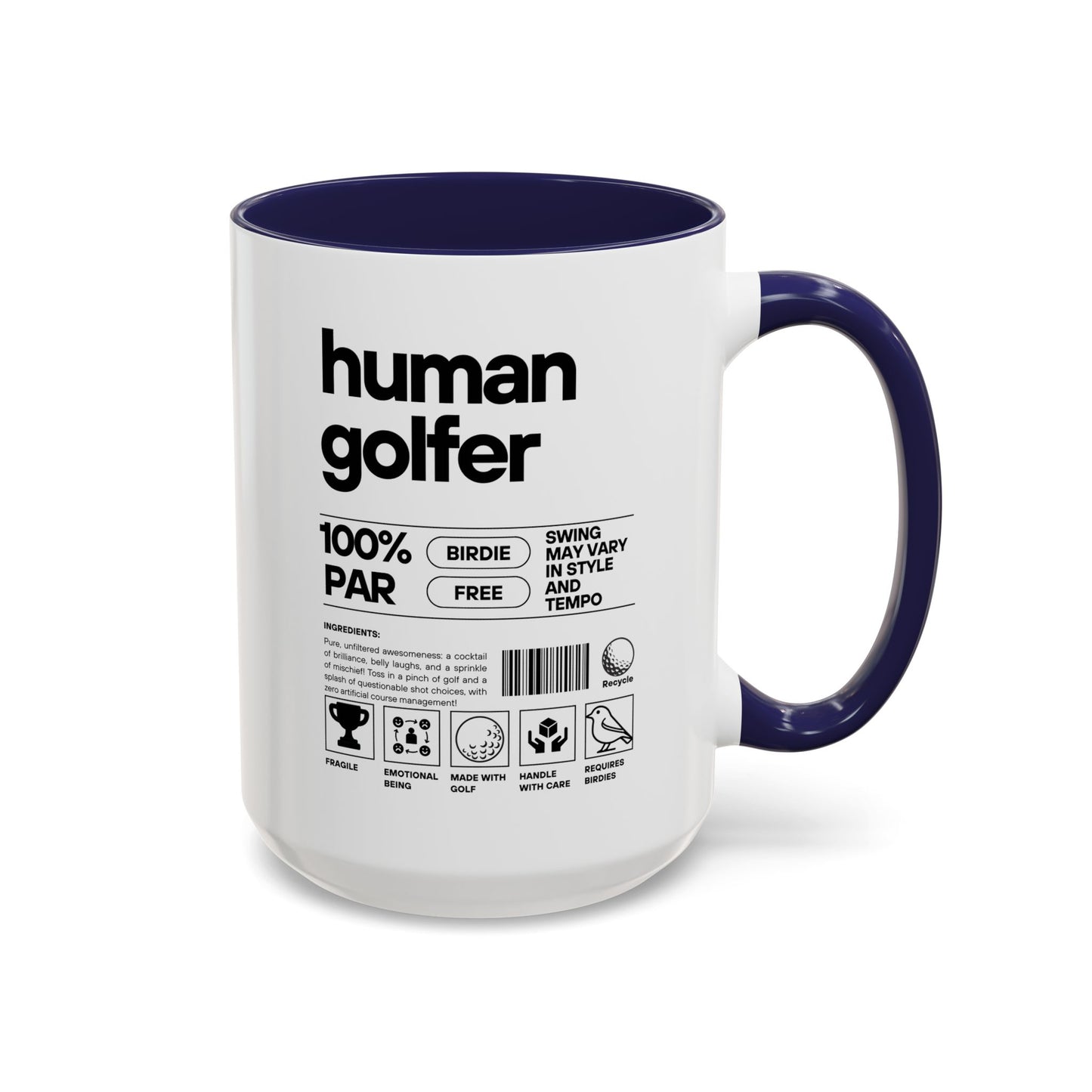 Mug with 'human golfer' text and design on a white background