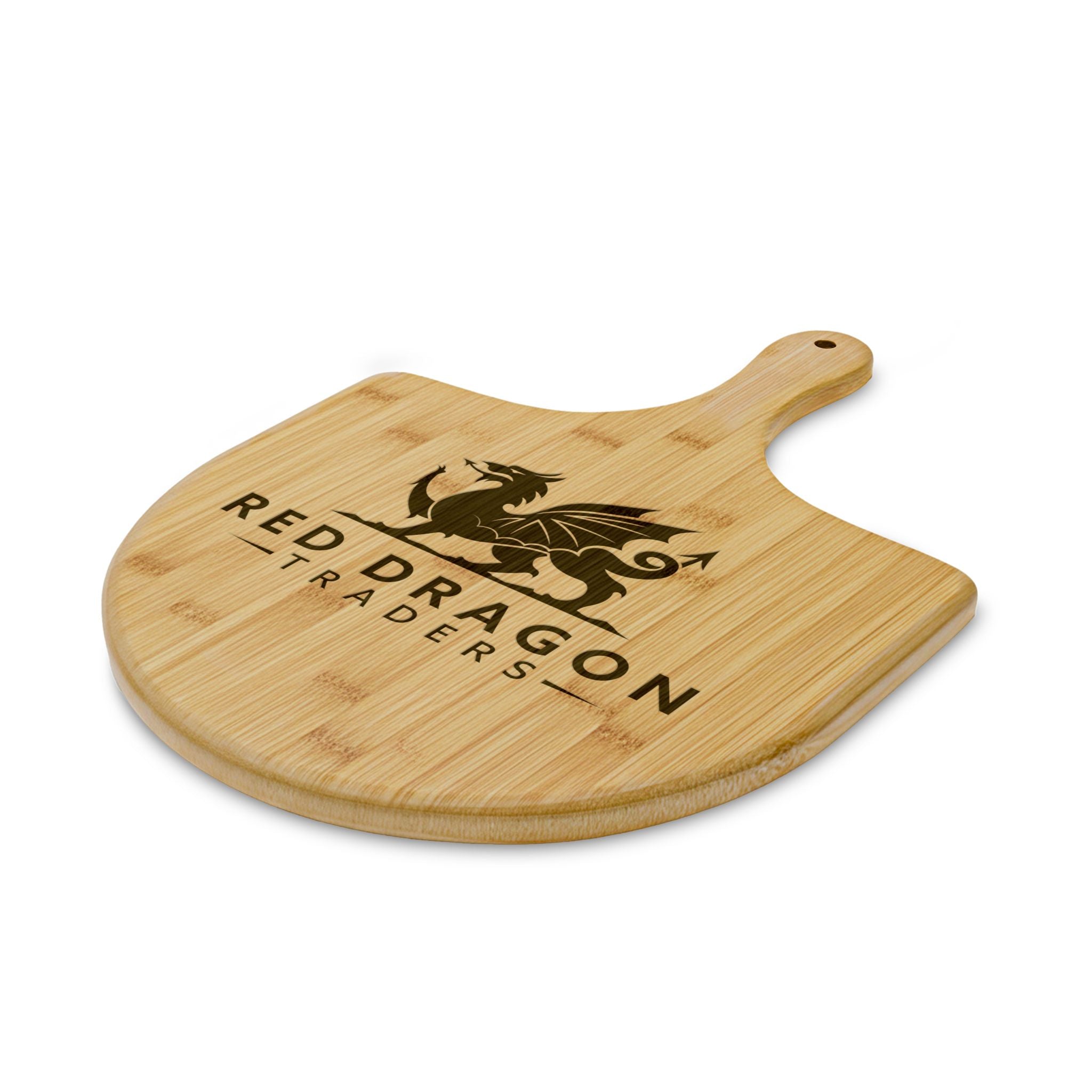 Wooden pizza peel with 'Red Dragon Traders' logo on a white background