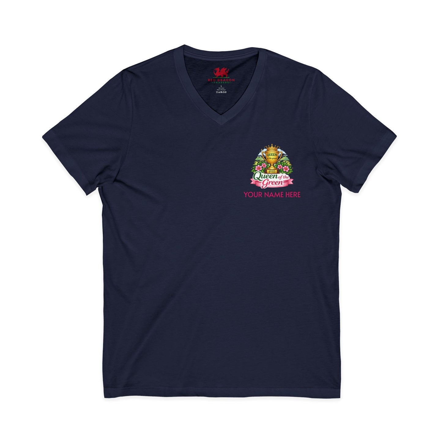 Black V-neck t-shirt with a colorful graphic and text on a white background