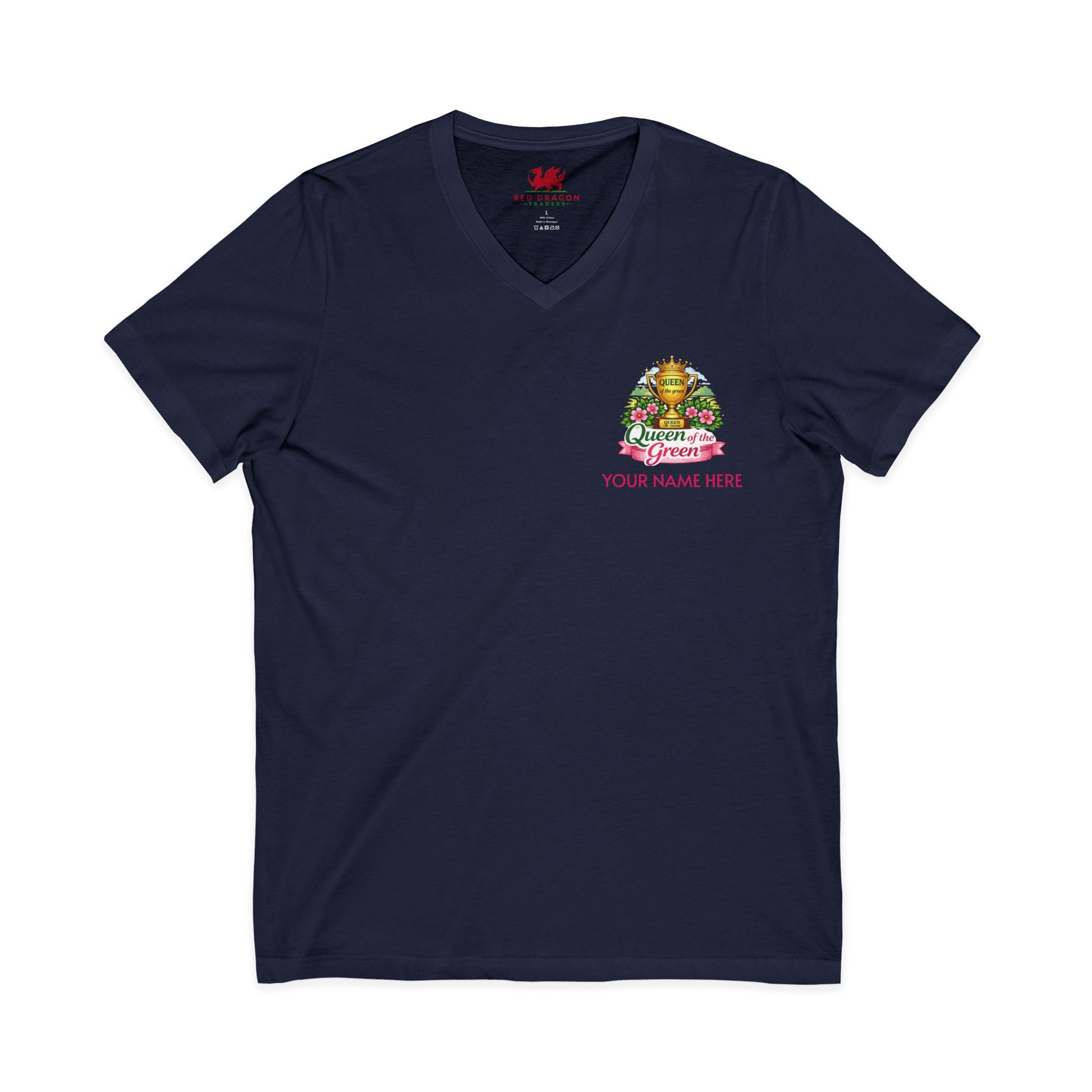 Black V-neck t-shirt with a colorful graphic and text on a white background