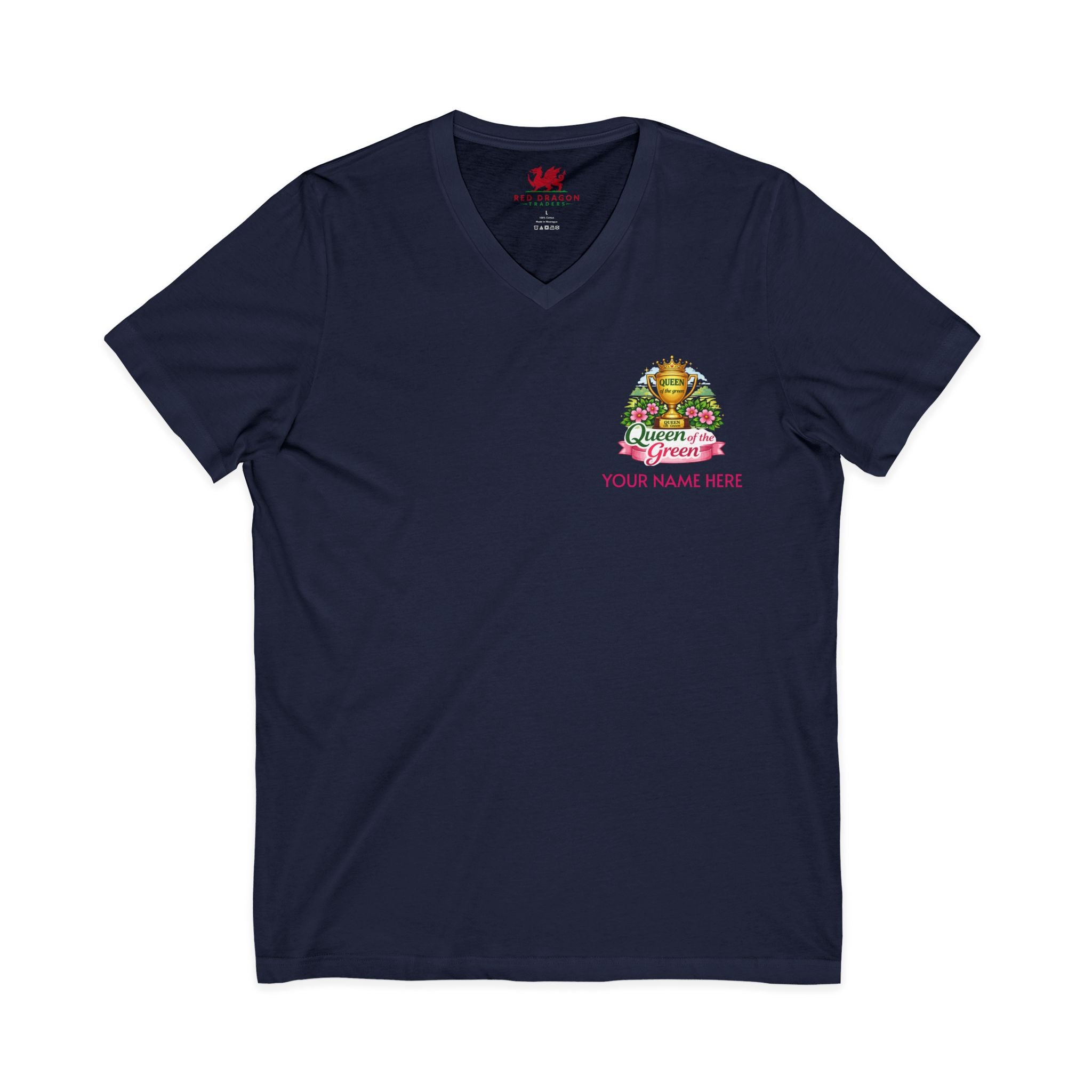 Black V-neck t-shirt with a colorful graphic and text on a white background