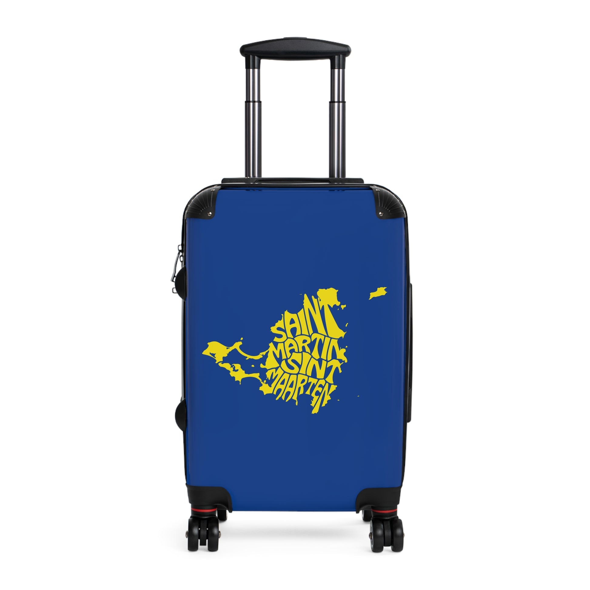 Blue suitcase with yellow text and St.Maarten map design