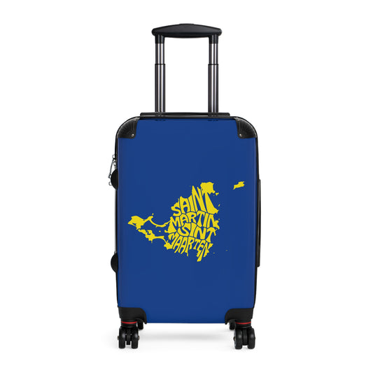 Blue suitcase with yellow text and St.Maarten map design