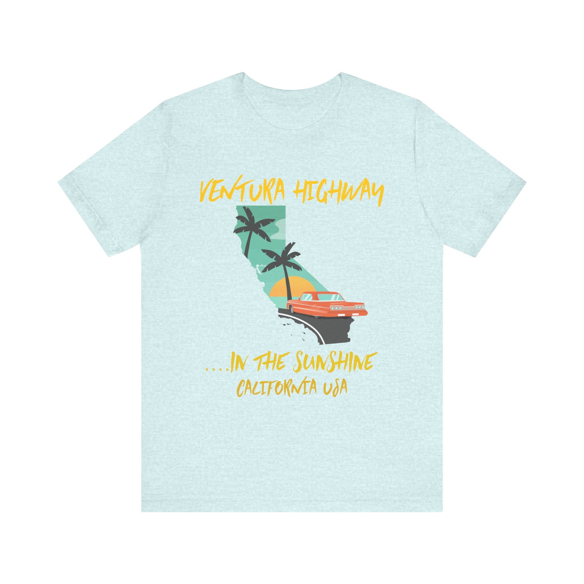 Light blue t-shirt with a graphic design and text on a white background