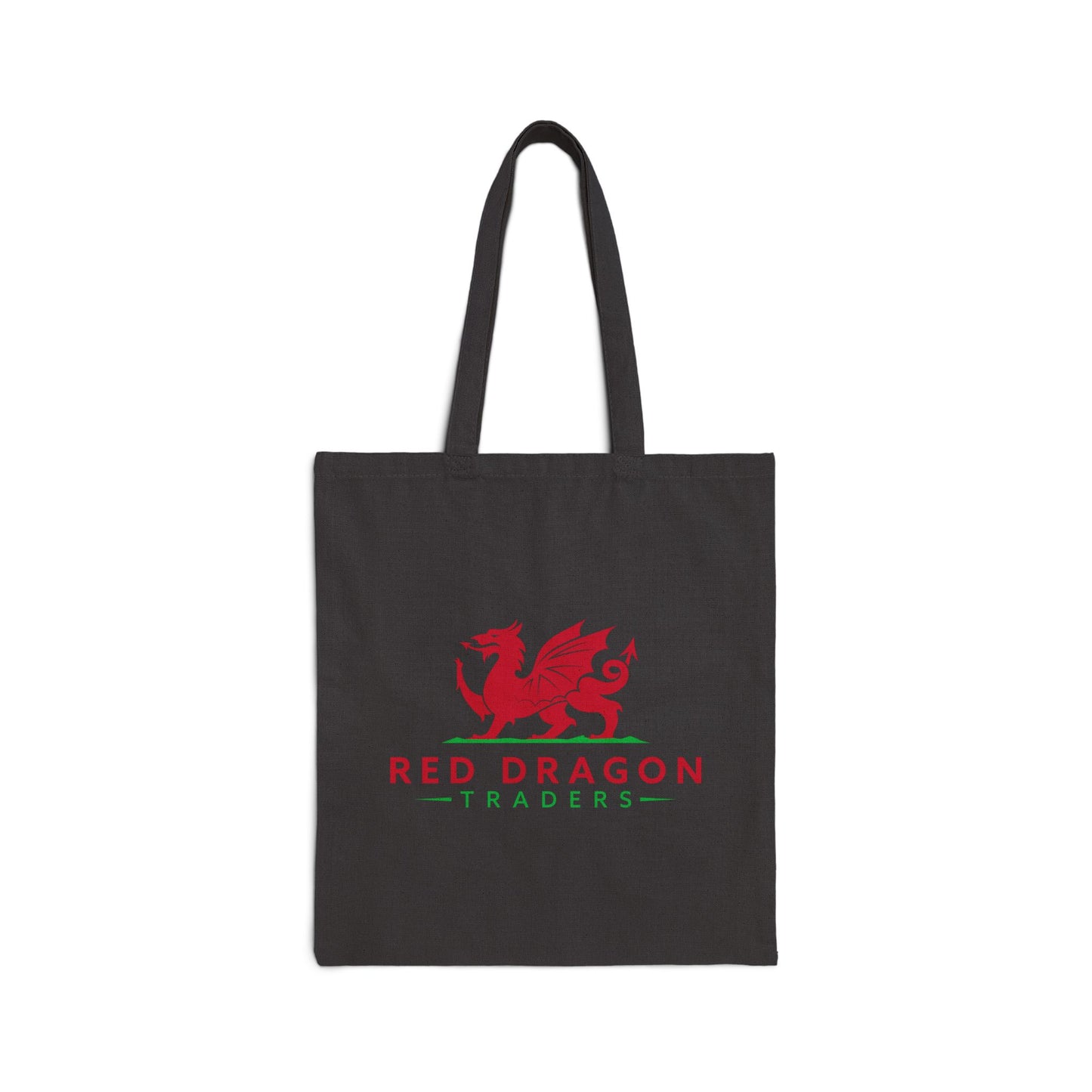 Black tote bag with red dragon logo and 'Red Dragon Traders' text on a white background