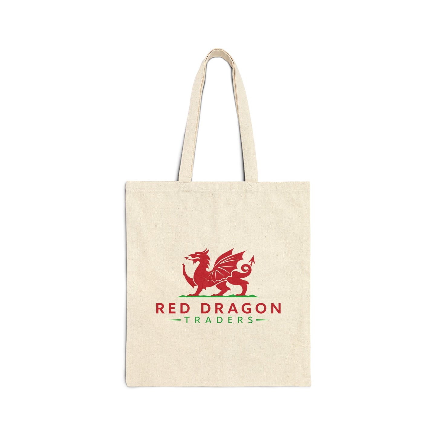 Beige tote bag with red dragon logo and 'Red Dragon Traders' text on a white background