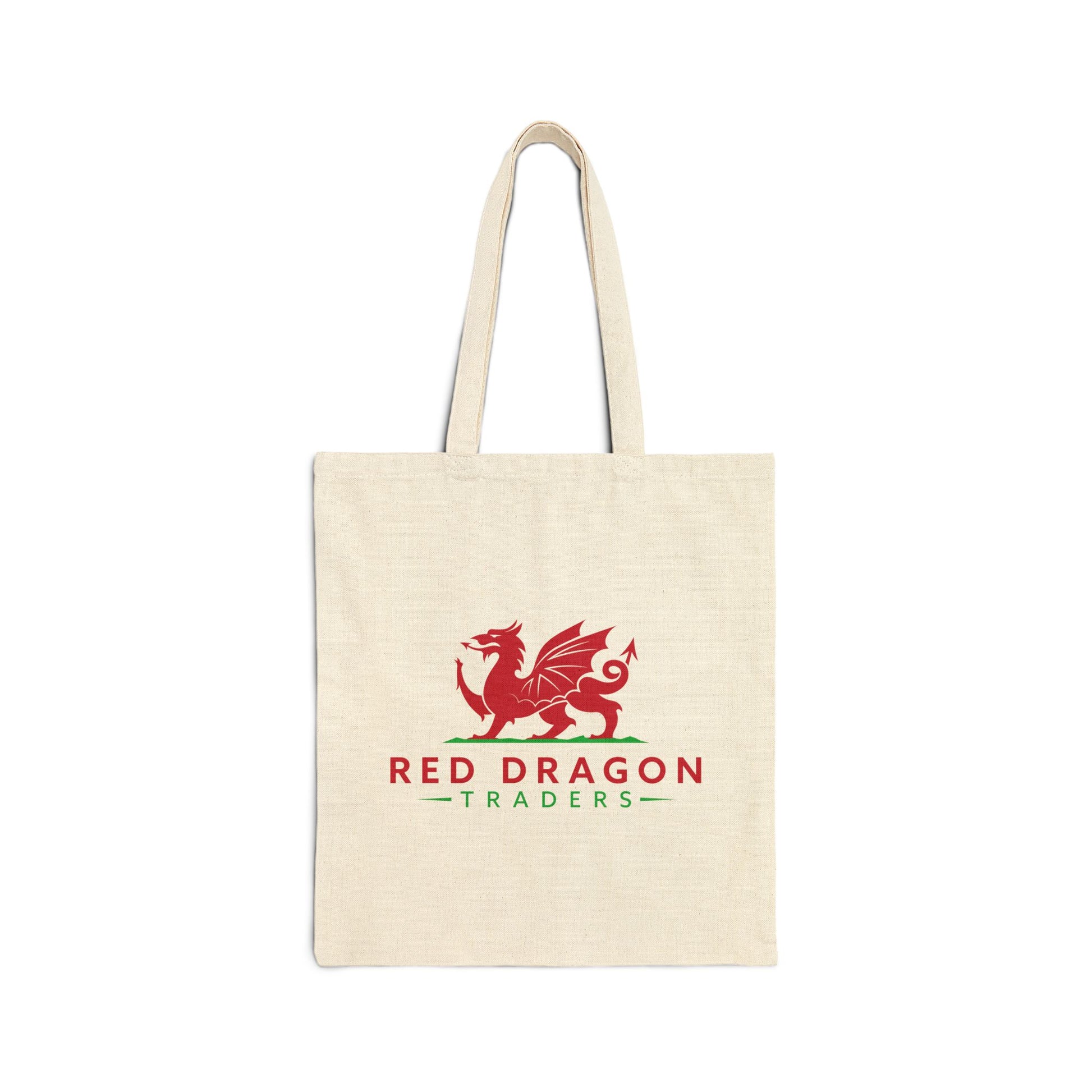 Beige tote bag with red dragon logo and 'Red Dragon Traders' text on a white background