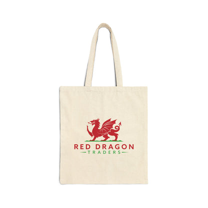 Beige tote bag with red dragon logo and 'Red Dragon Traders' text on a white background