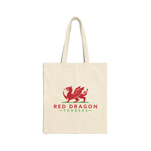 Beige tote bag with red dragon logo and 'Red Dragon Traders' text on a white background