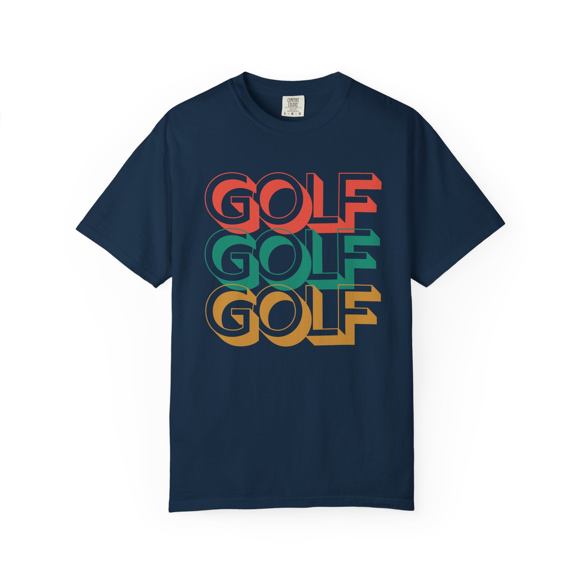 Navy blue t-shirt with 'GOLF' text in colorful letters on a white background