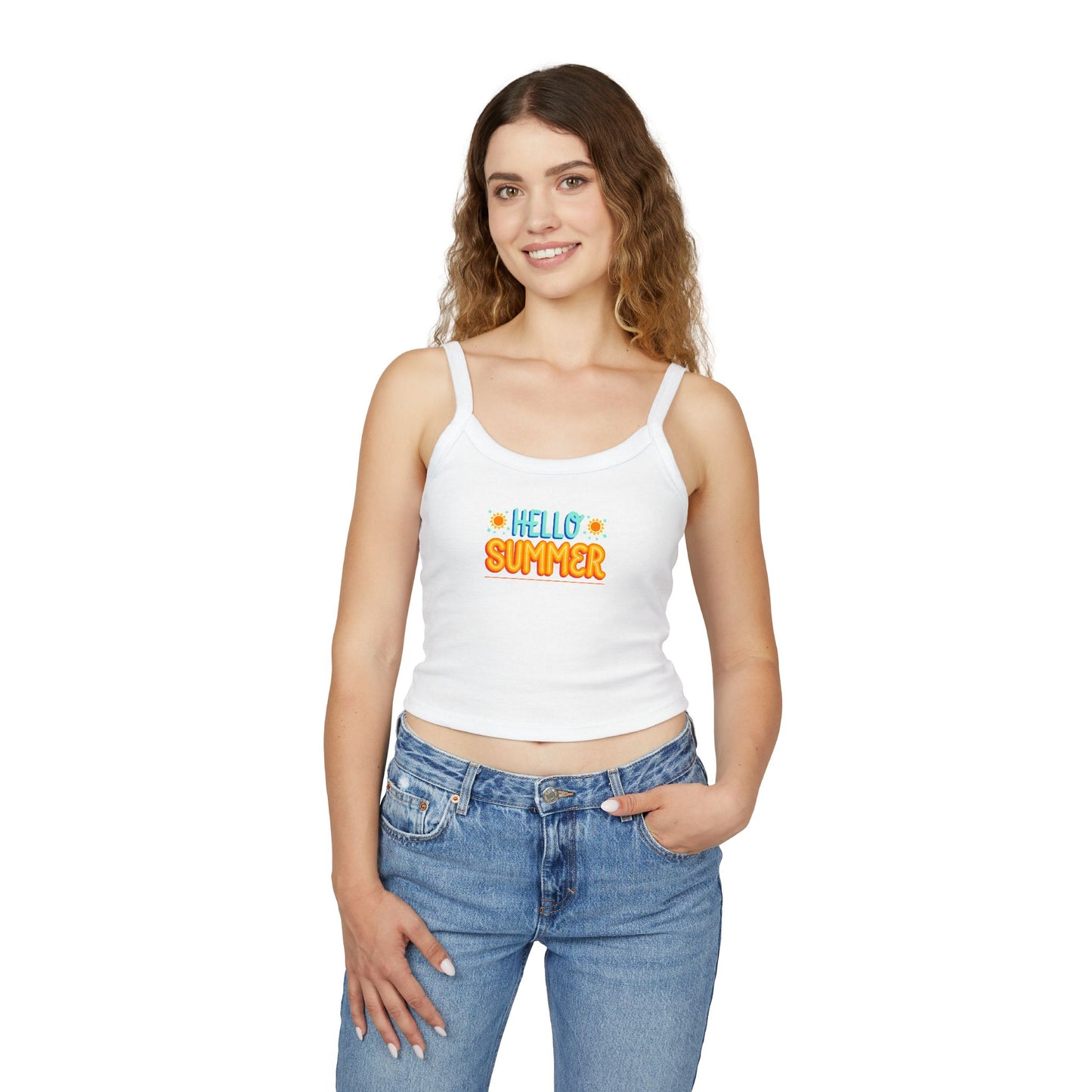 Woman wearing a white tank top with a colorful graphic on a white background