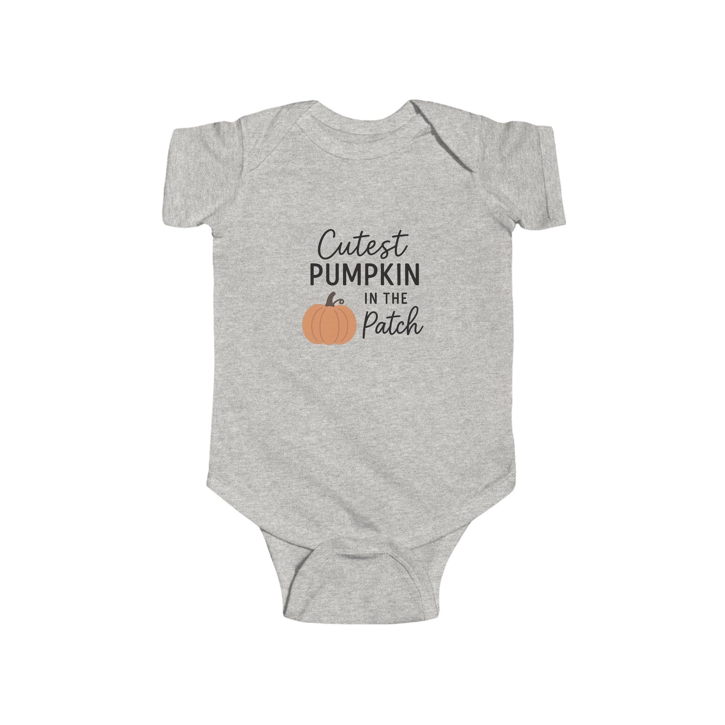 Gray baby onesie with 'Cutest Pumpkin in the Patch' text and pumpkin graphic on a white background