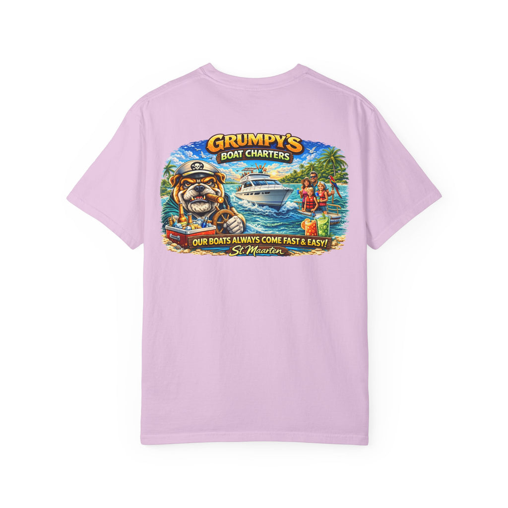 Pink t-shirt with a graphic of a bulldog and boat, featuring 'Grumpy's Boat Charters' on a white background.