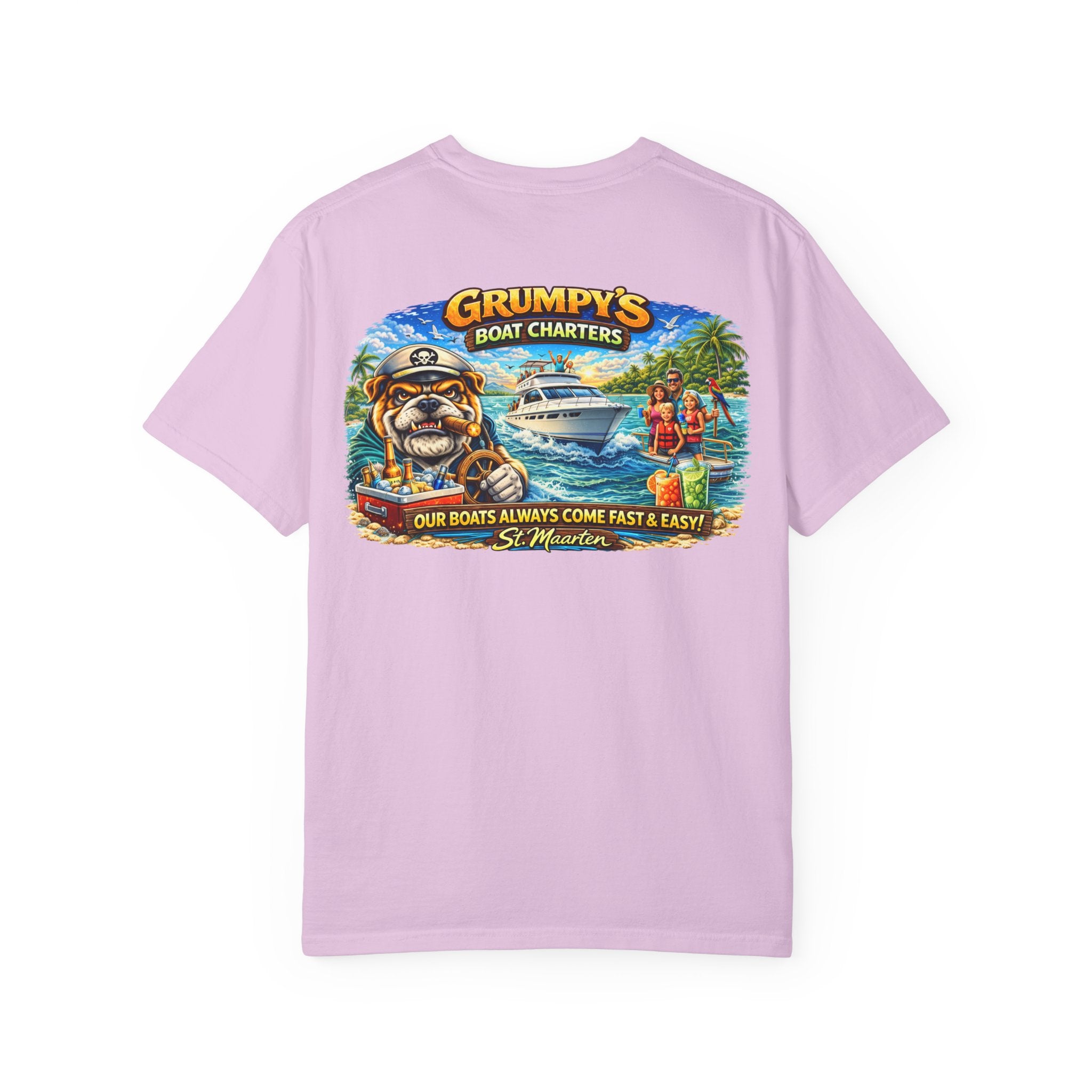 Pink t-shirt with a graphic of a bulldog and boat, featuring 'Grumpy's Boat Charters' on a white background.