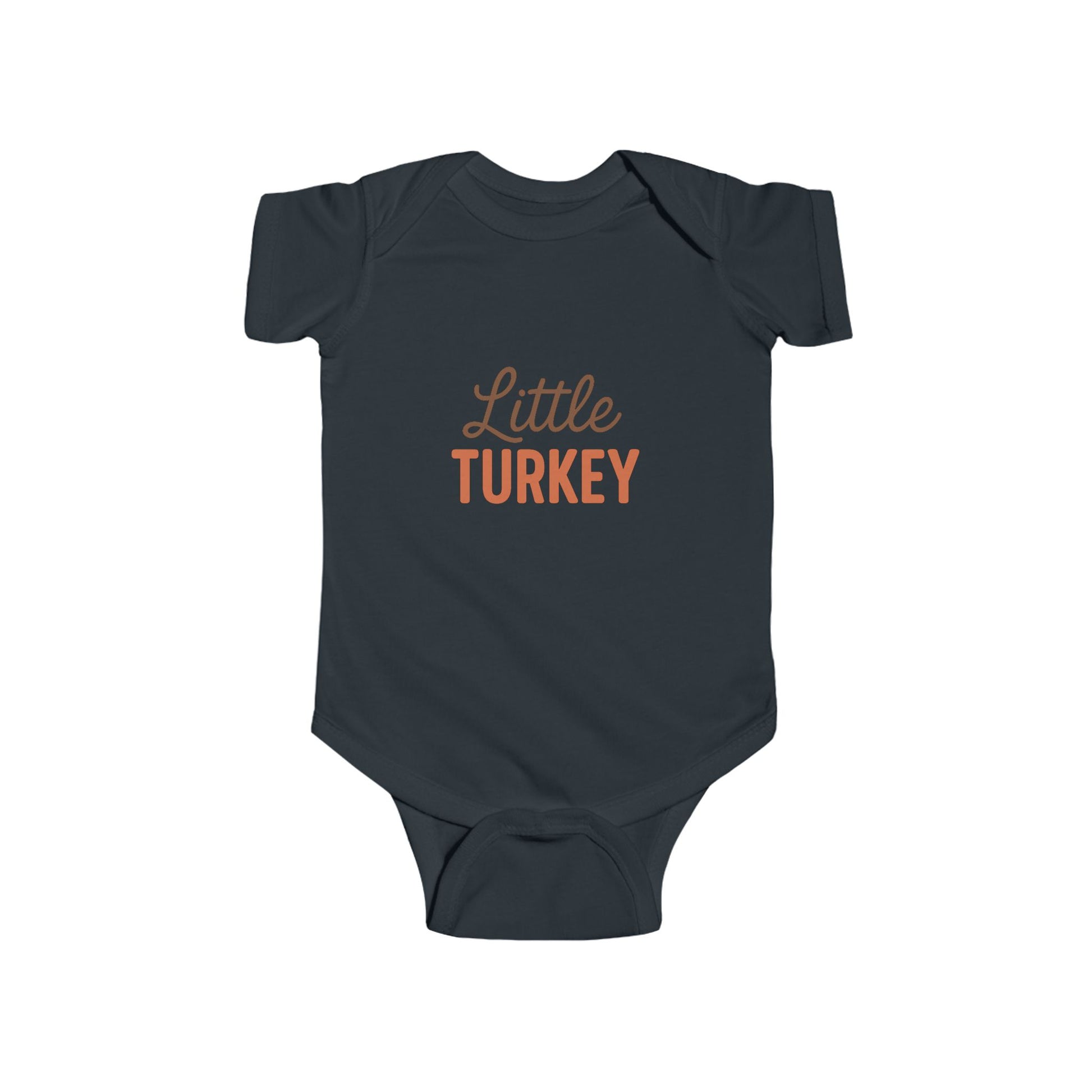 Navy blue baby onesie with 'Little Turkey' text on a white background