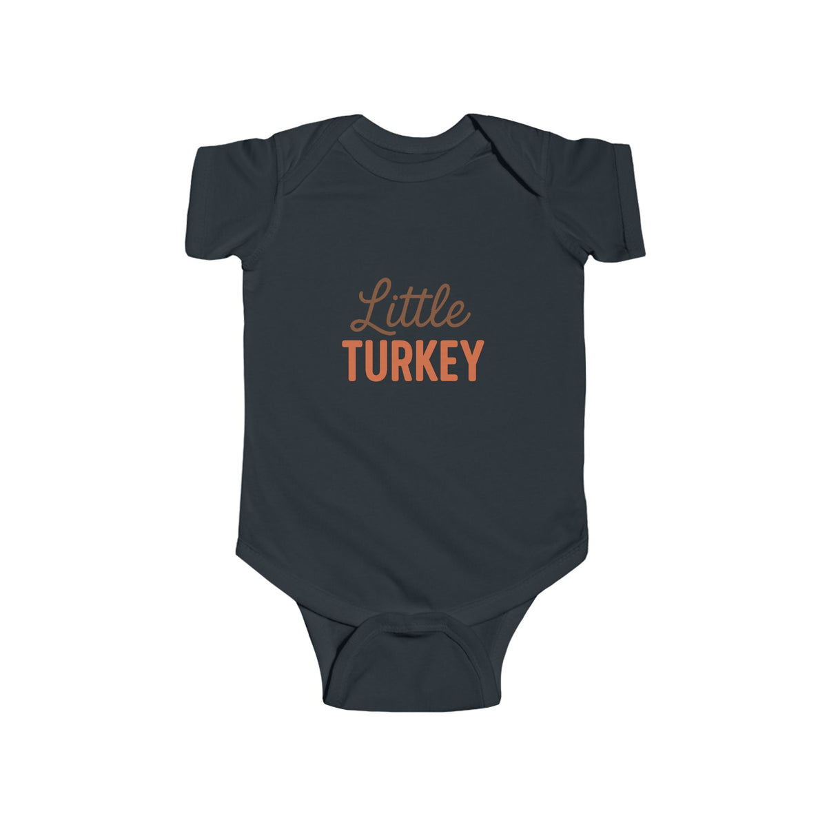 Navy blue baby onesie with 'Little Turkey' text on a white background