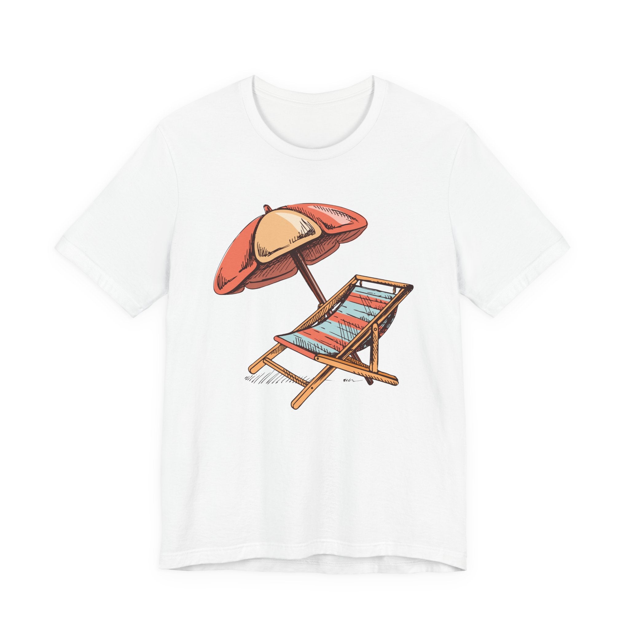White t-shirt with a sketched beach chair and orange umbrella graphic, on a white background