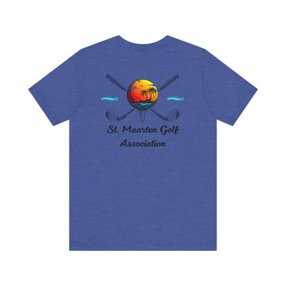Tee Golff Trofannol Cymdeithas Golff Sint Maarten - Dyluniad Golff Retro Machlud Ynys