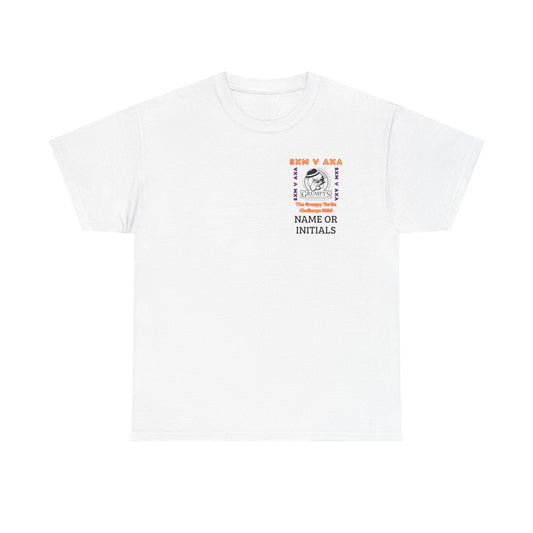 White t-shirt with a logo and text on a white background