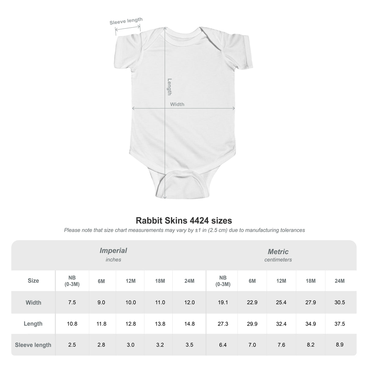 White baby onesie with measurement chart on a white background