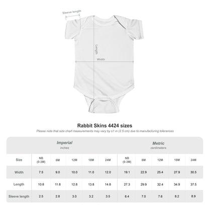 White baby onesie with measurement chart on a white background