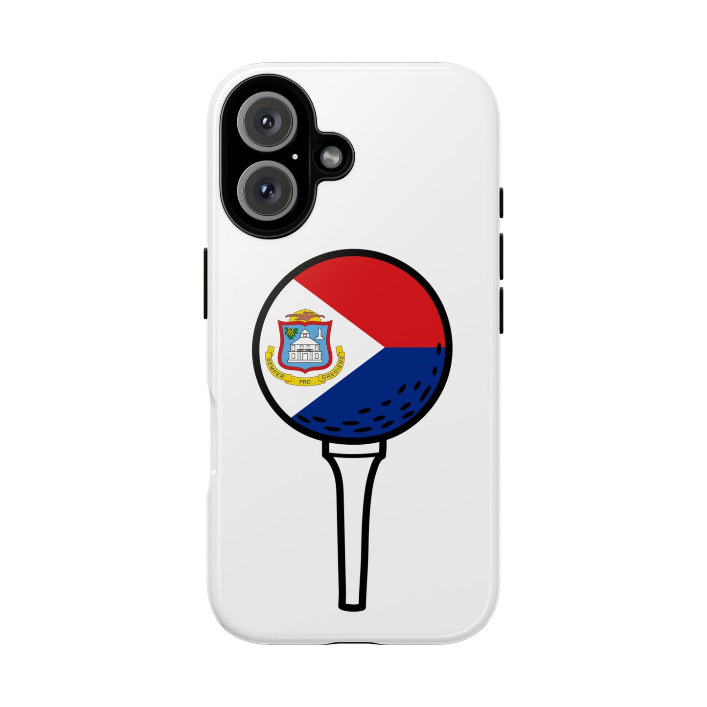 Phone case with a design of a golf ball on a tee with a flag, on a white background