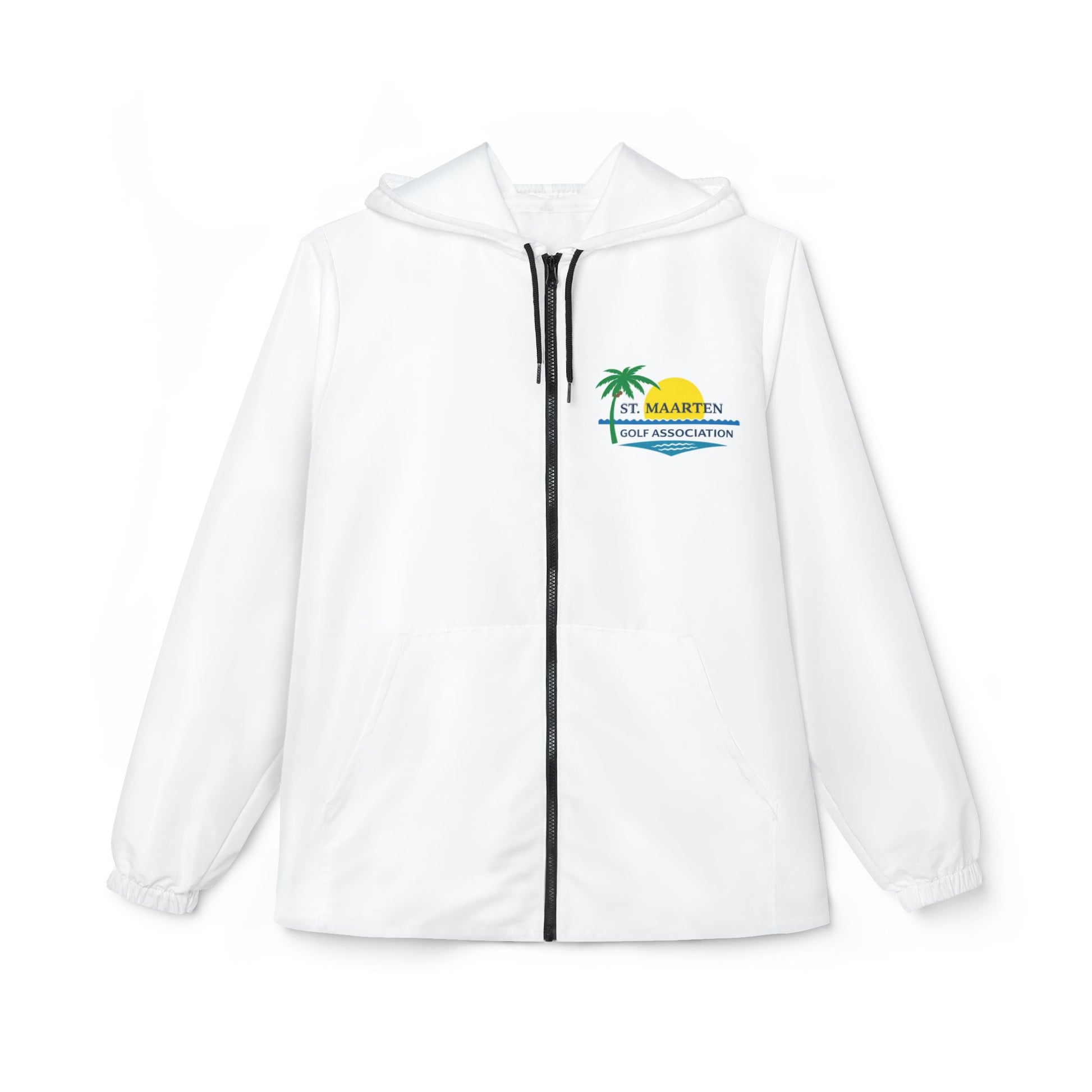 White jacket with a logo on the chest on a white background