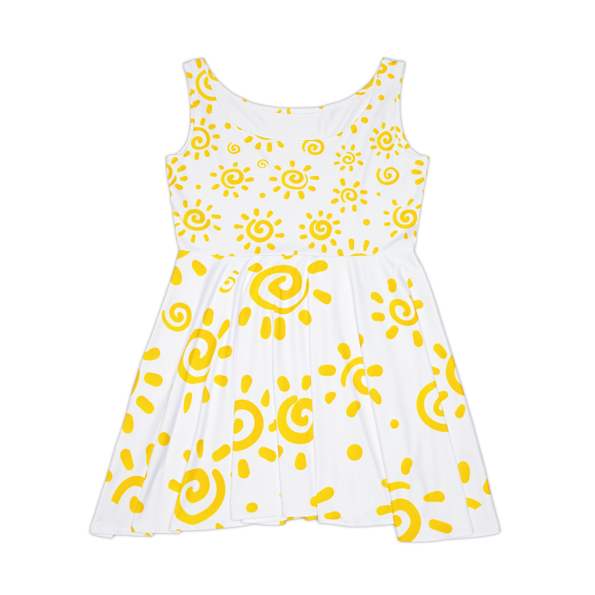 White dress with yellow sun patterns on a white background