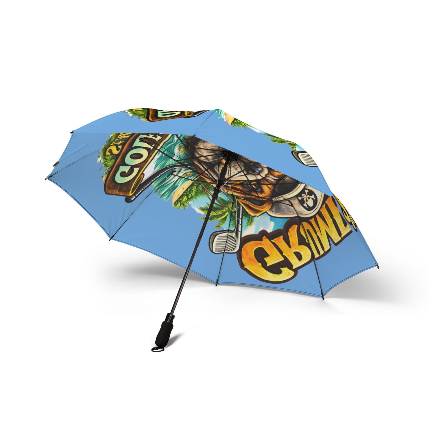 Colorful umbrella with graphic design on a white background