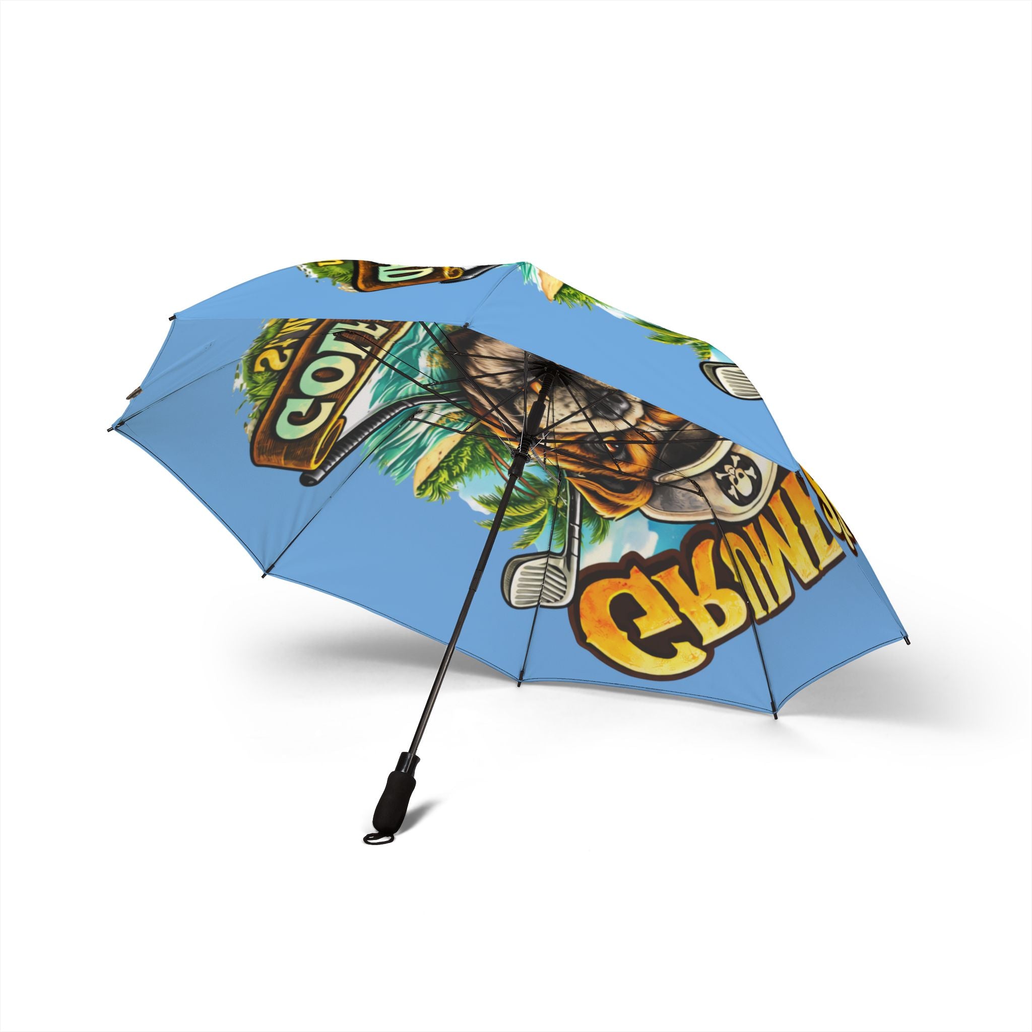 Colorful umbrella with graphic design on a white background