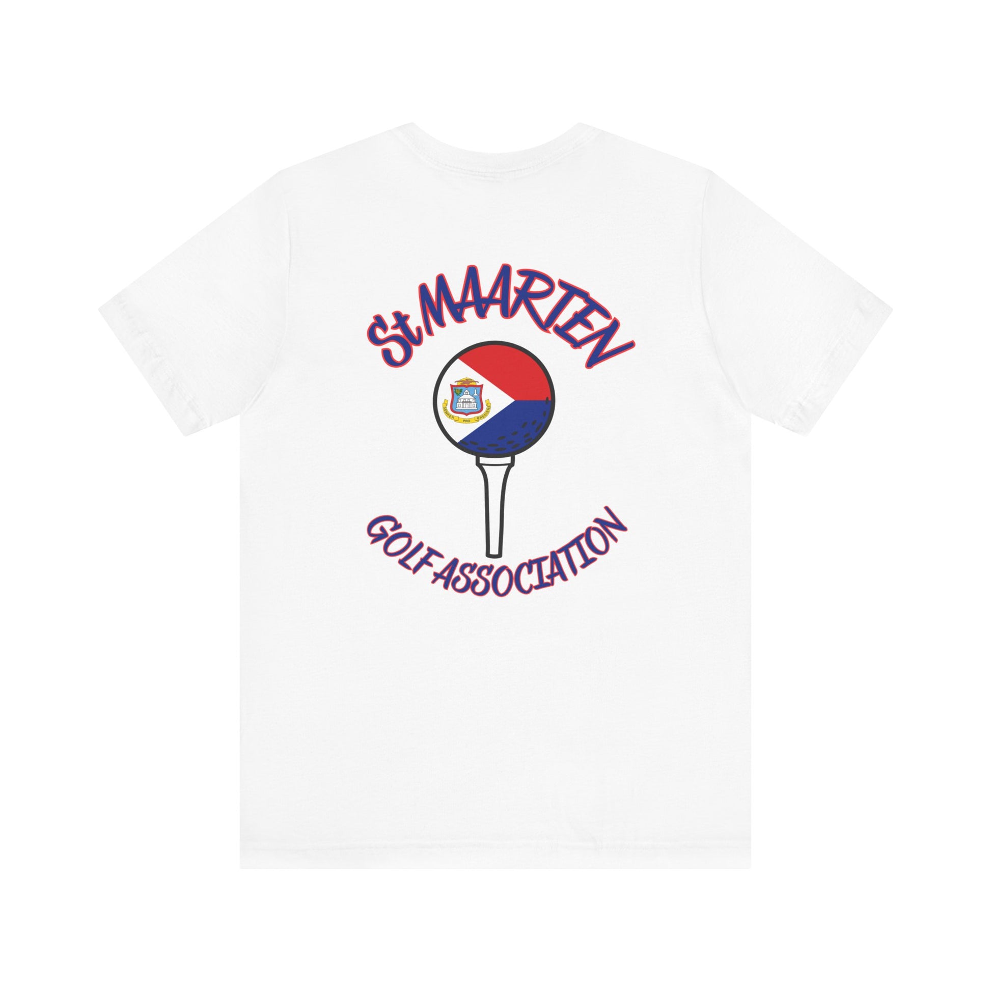 White t-shirt with St. Maarten Golf Association logo on a white background