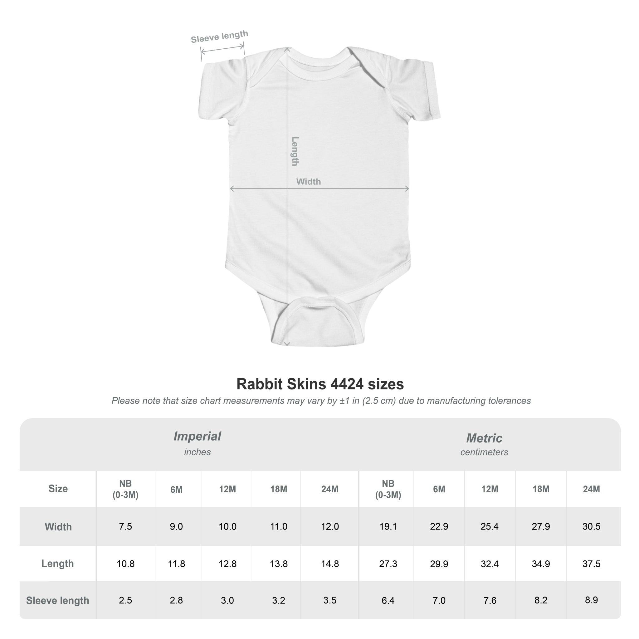 White baby onesie with measurement chart on a white background