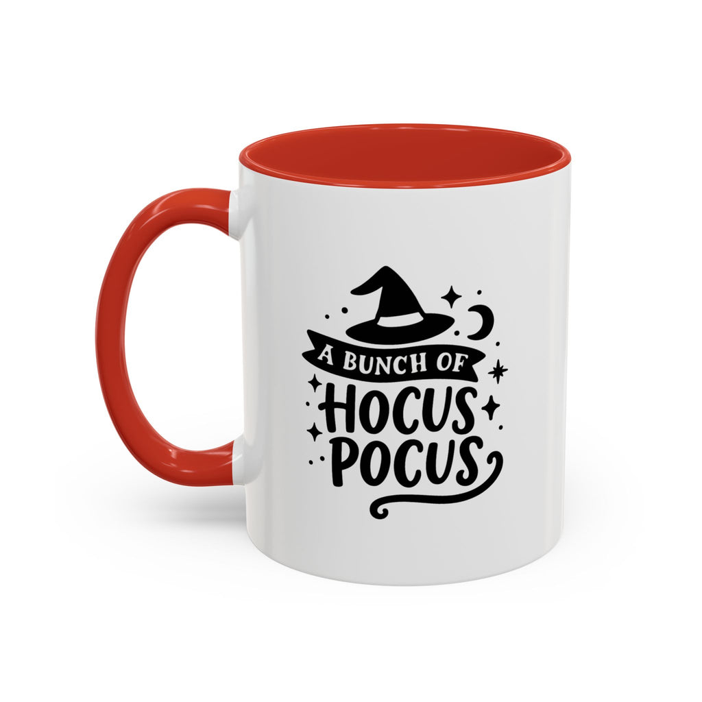 White two-tone coffee mug with a red handle and interior and a black 'A Bunch of Hocus Pocus' witch-hat design, on a white background