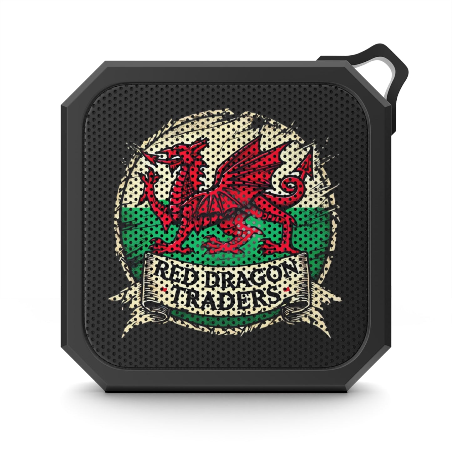 Black portable speaker with red dragon design and 'Red Dragon Traders' text on a white background