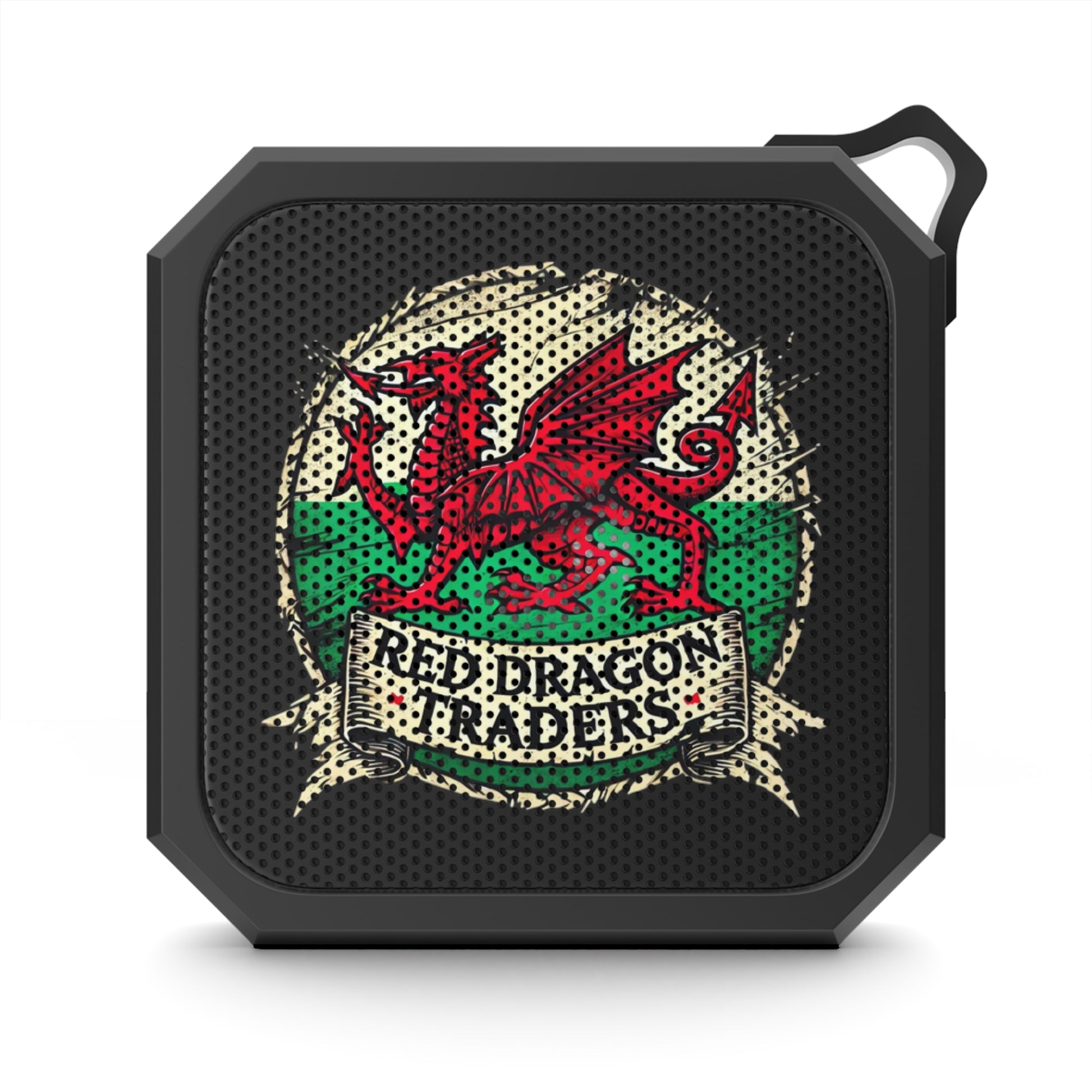 Black portable speaker with red dragon design and 'Red Dragon Traders' text on a white background