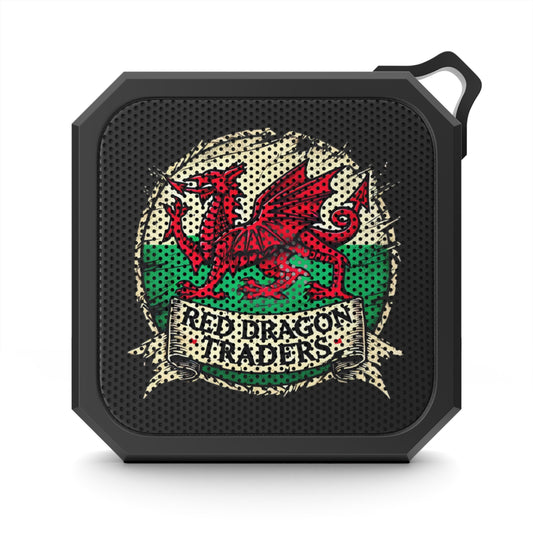 Black portable speaker with red dragon design and 'Red Dragon Traders' text on a white background