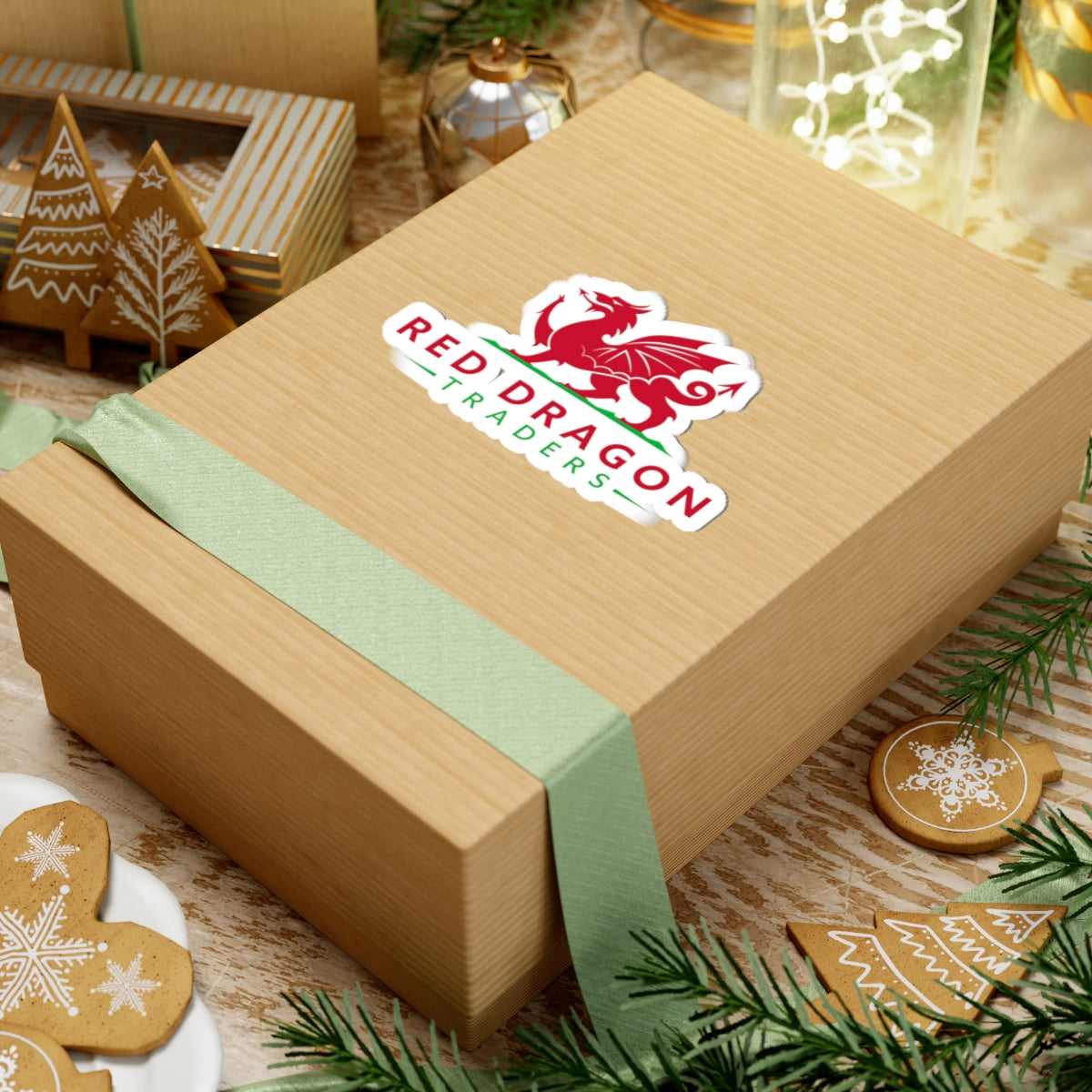 Red Dragon logo sticker on a gift box 