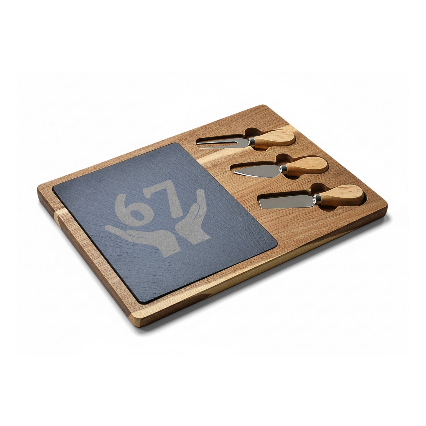 Wooden cheese board set with four tools on a white background
