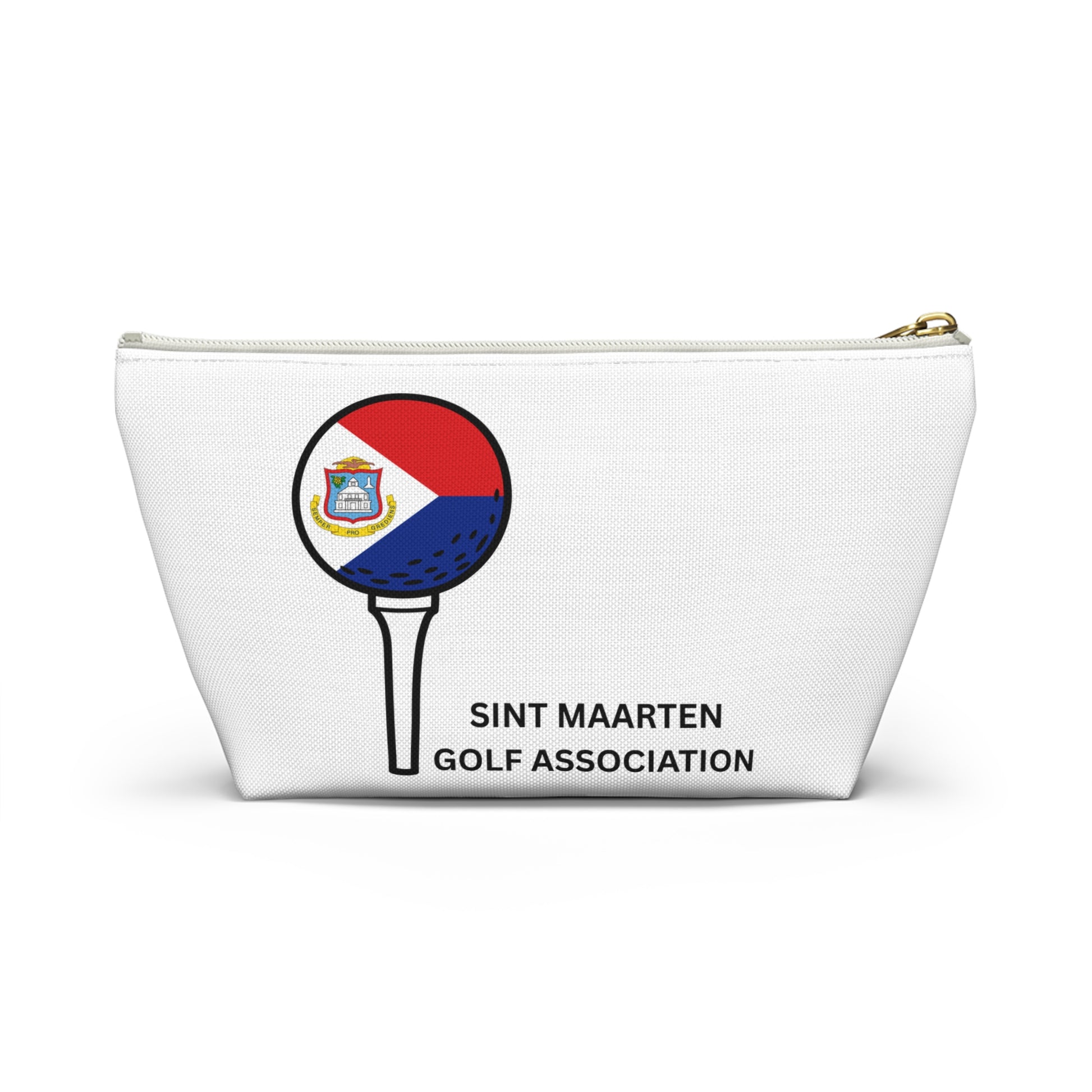 White pouch with Sint Maarten Golf Association logo on a white background