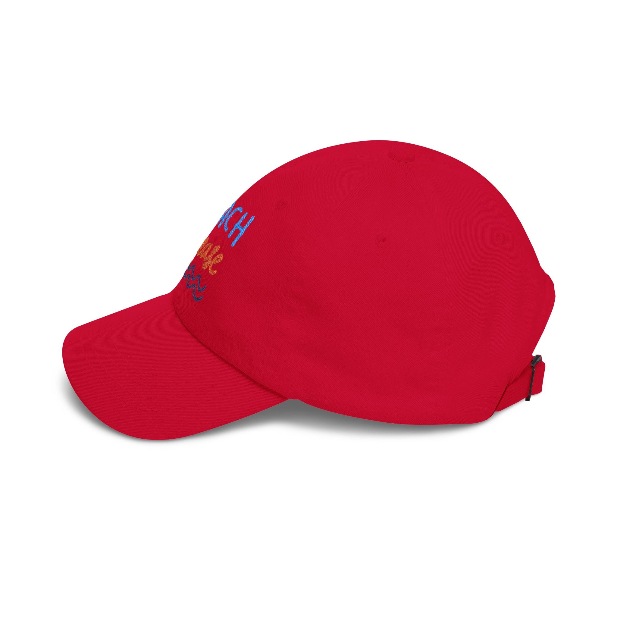 Red dad cap with embroidered 'Beach Please' text, side view on a white background