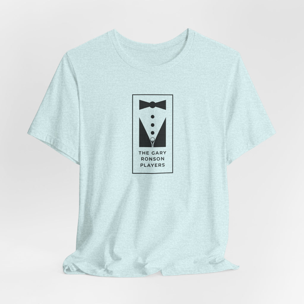 Ice blue heather t-shirt with a black-and-white tuxedo graphic and 'The Gary Ronson Players' text, front view on a white background