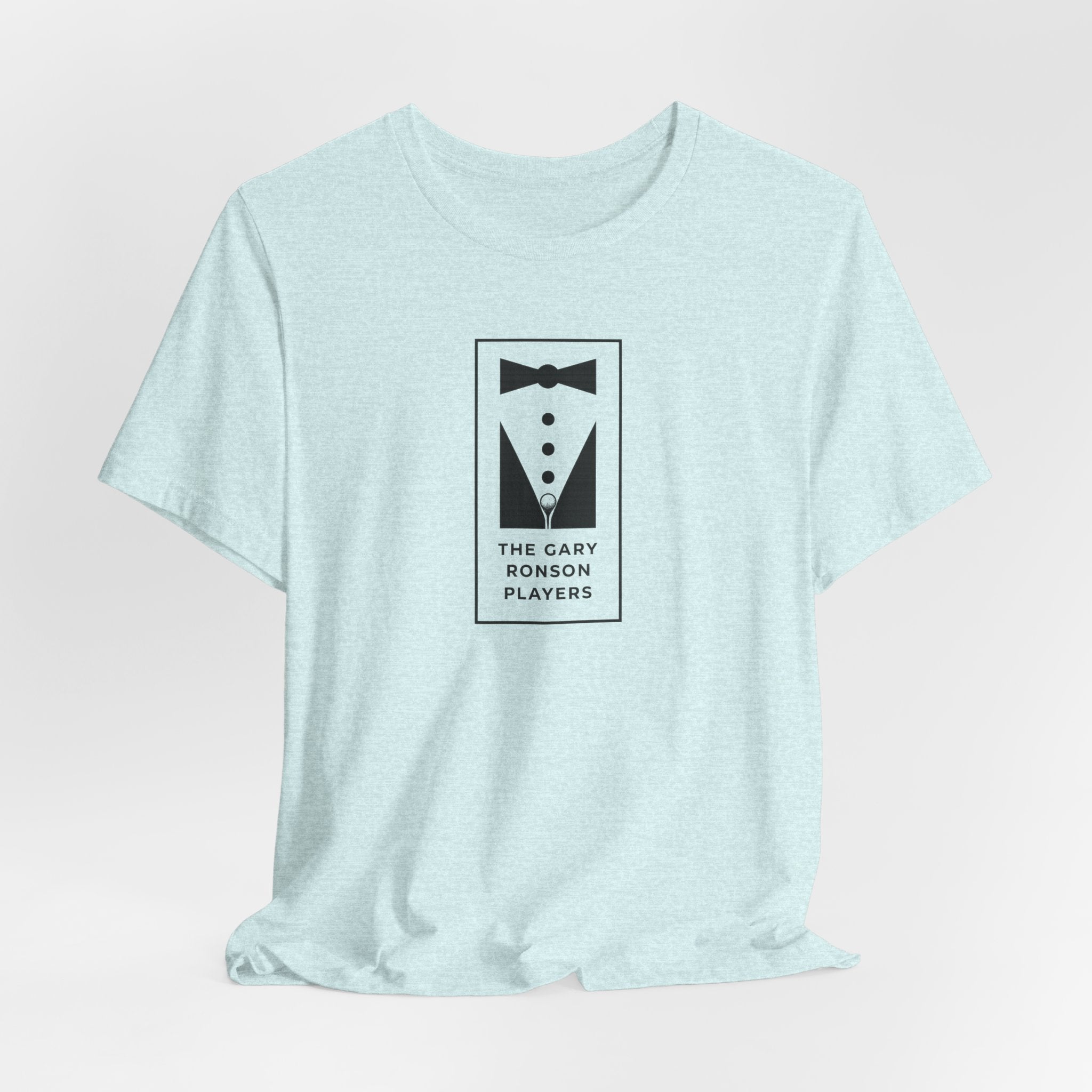 Ice blue heather t-shirt with a black-and-white tuxedo graphic and 'The Gary Ronson Players' text, front view on a white background