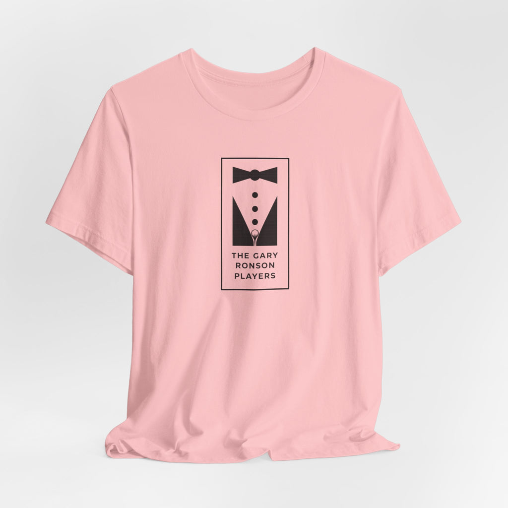 Pink t-shirt with a black-and-white tuxedo graphic and 'The Gary Ronson Players' text, front view on a white background