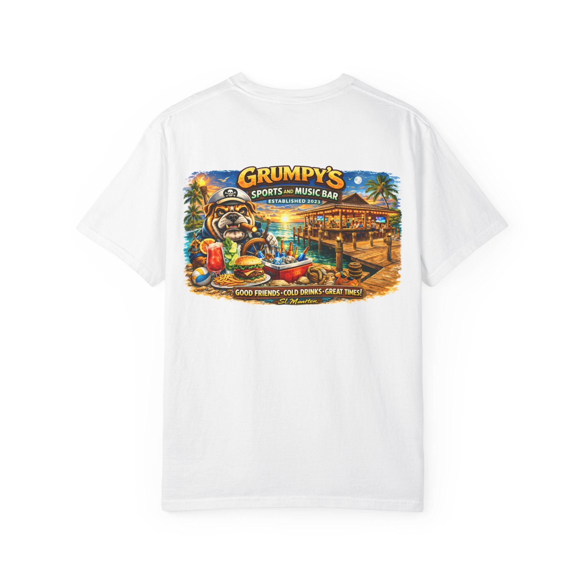 White t-shirt with a colorful graphic of Grumpy's Sports and Music Bar on a white background