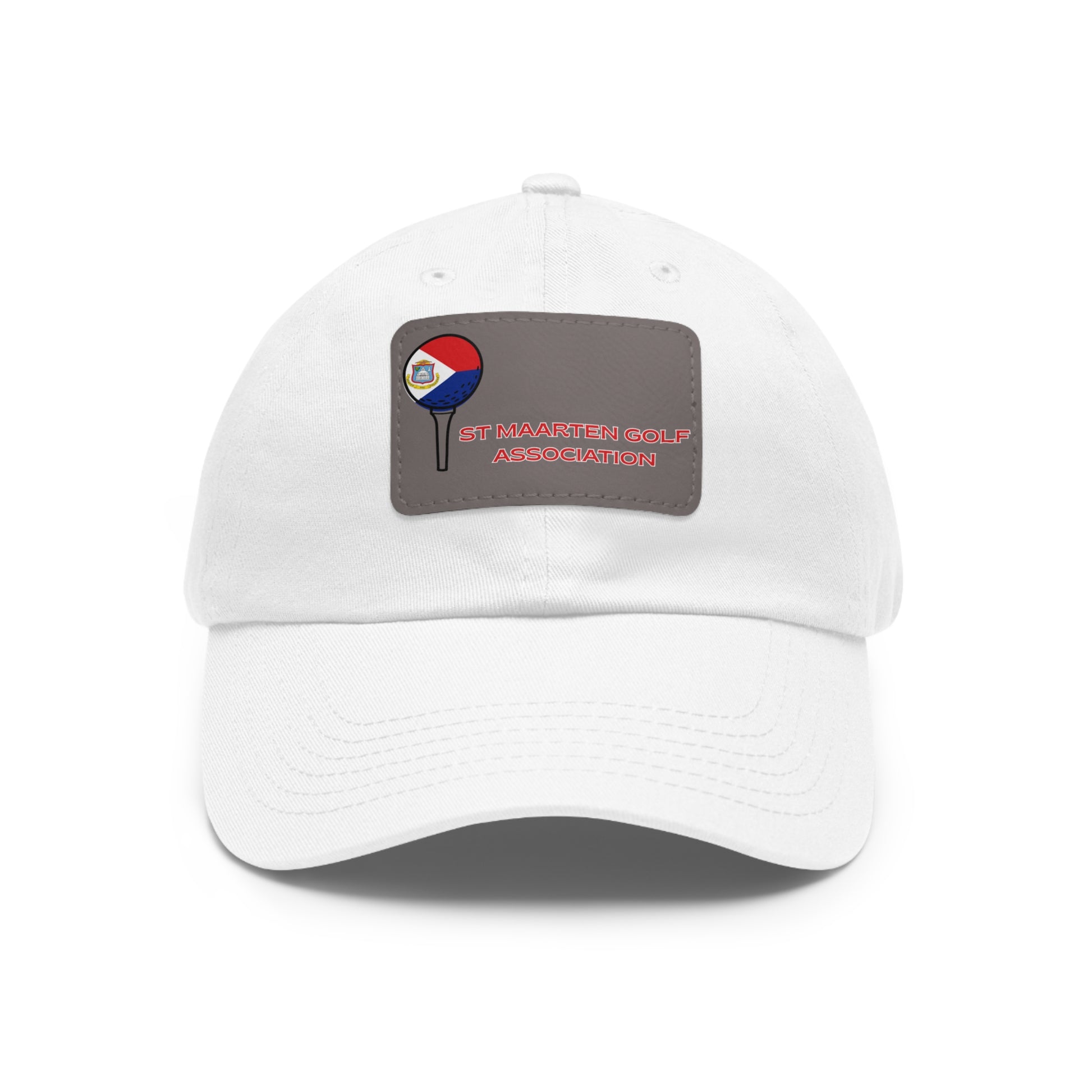White cap with a logo and text on a white background