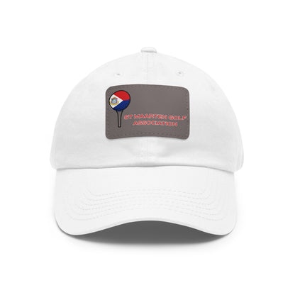 White cap with a logo and text on a white background